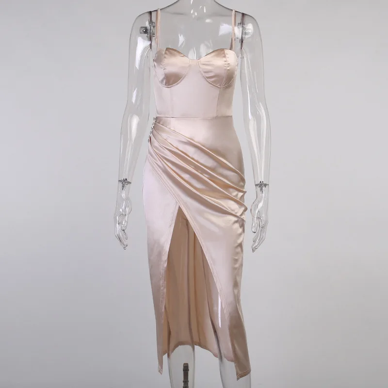 

Summer Sleeveless Solid Color Silk Long Dress Sexy Backless Elegant Satin Bodycon Party Dress Woman Split Midi Dresses