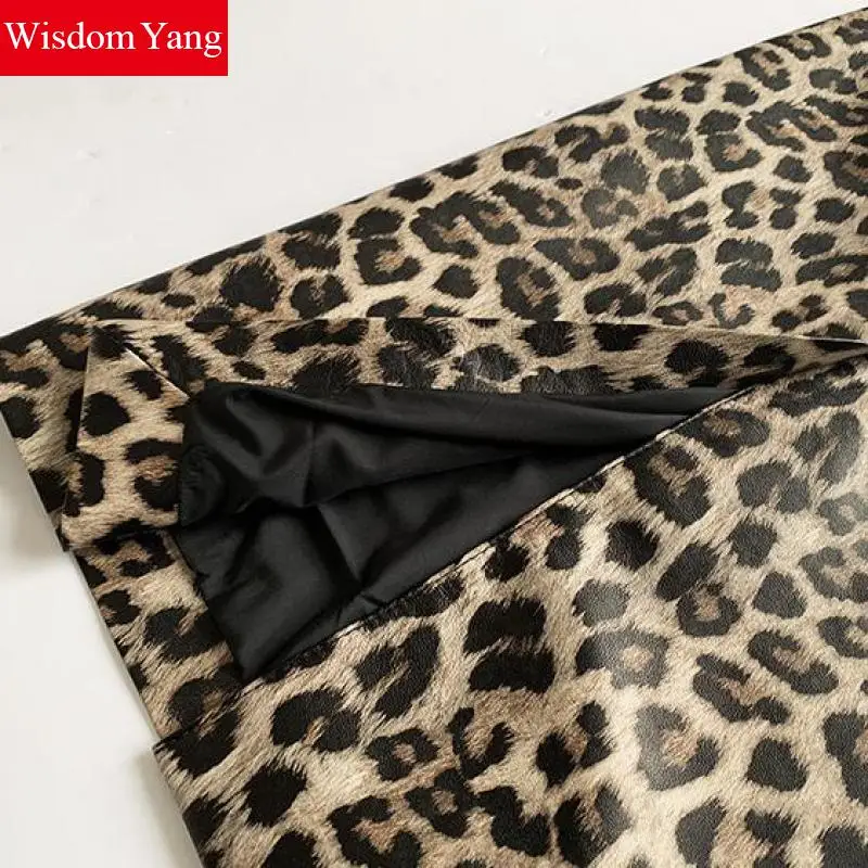 

Spring Autumn Real Genuine Leather Skirt Sheepskin High Waist Midi Wrap Skirts Women Leopard Bodycon Vintage Sexy Party Clothes