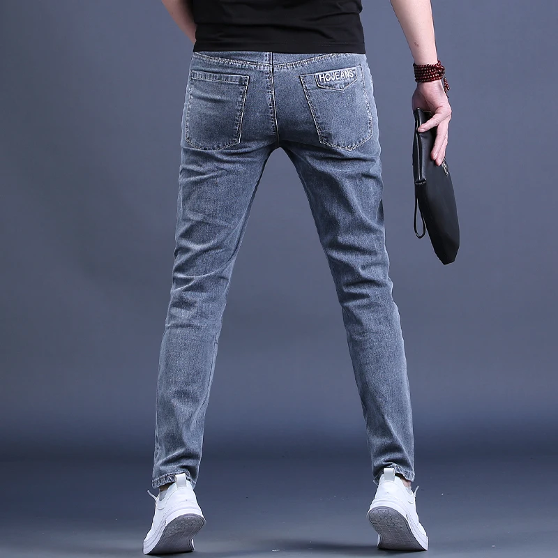 2021 Summer Thin Jeans Men Fashion Blue Gray Slim Fit Pencil Pants Korean Style Casual Spliced Denim Trousers