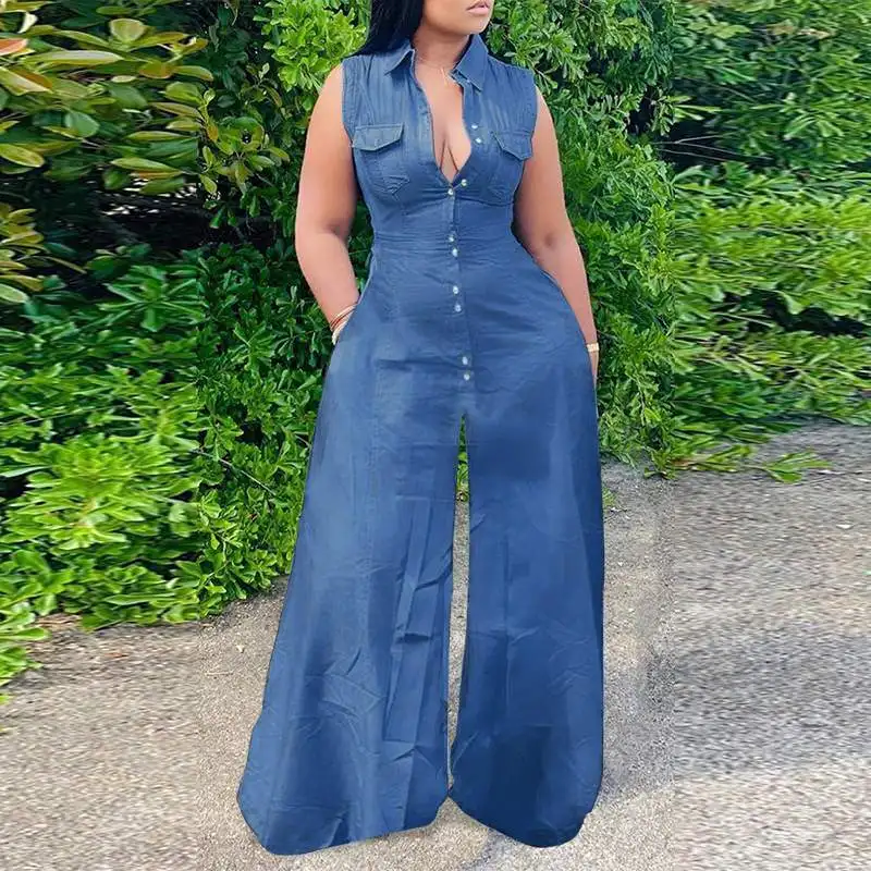 

Summer Sexy Sleeveless Lapel Denim Jumpsuits VONDA Summer Button Up Wide Leg Playsuits Palazzo Loose Office Overalls Pantalon