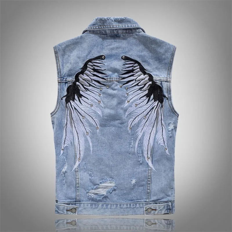 

Hot New Men's Ripped Denim Vests With Wings Embroidery Hi Street Distressed Sleeveless Jacket Waistcoat Plus Size M-5XL