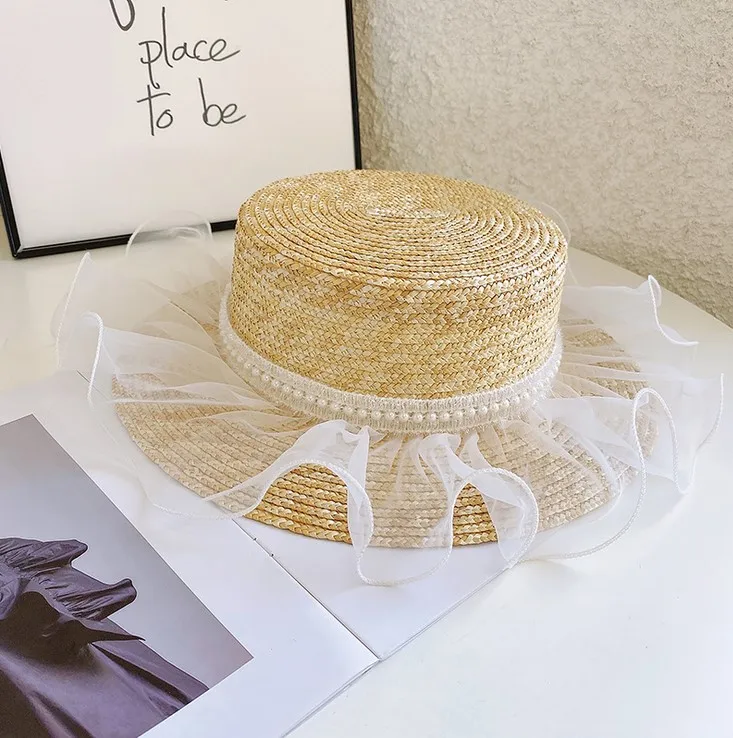 Новая женская соломенная шляпа из натуральной пшеницы кружевная жемчужная лента