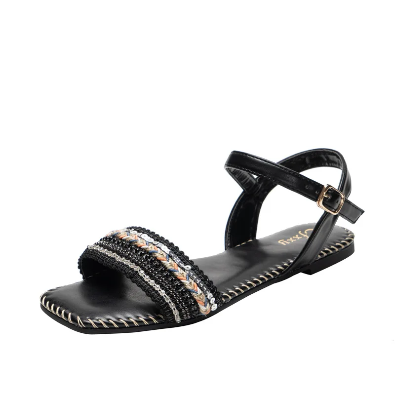 

2021 summer new family style women's sandals solid color square head trip belt flat heel low heel women's sandals