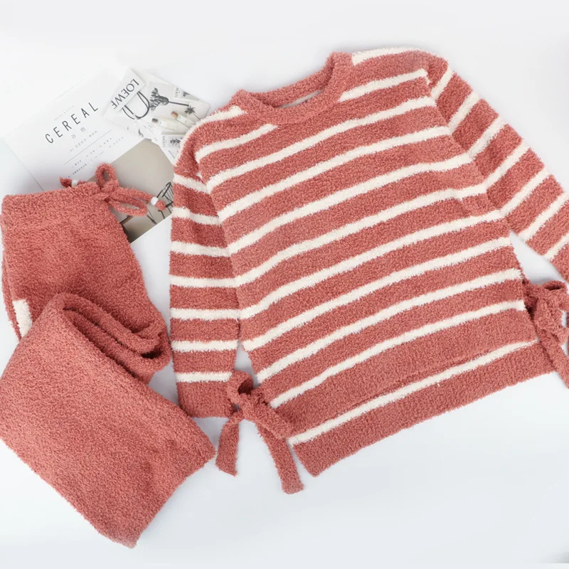 

Trend Stripes Women's Pyjamas Comfort Winter Pajamas Set Home Clothes Slit Loungewear Velvet Sleepwear New Hot Sale Pijama Mujer