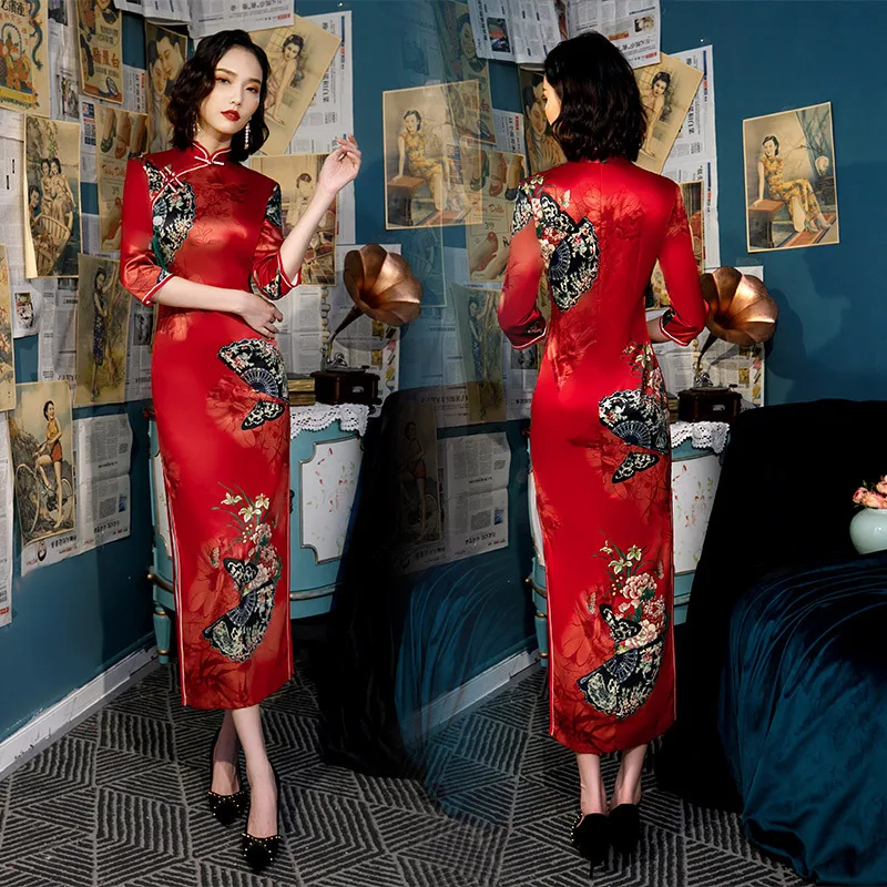 Новое поступление, традиционное женское платье, плюс размер, 4XL, Qipao, Дамское, вискозное, сексуальное, длинное, с принтом, Cheongsam, ручная работа, на пуговицах, винтажное, китайское платье