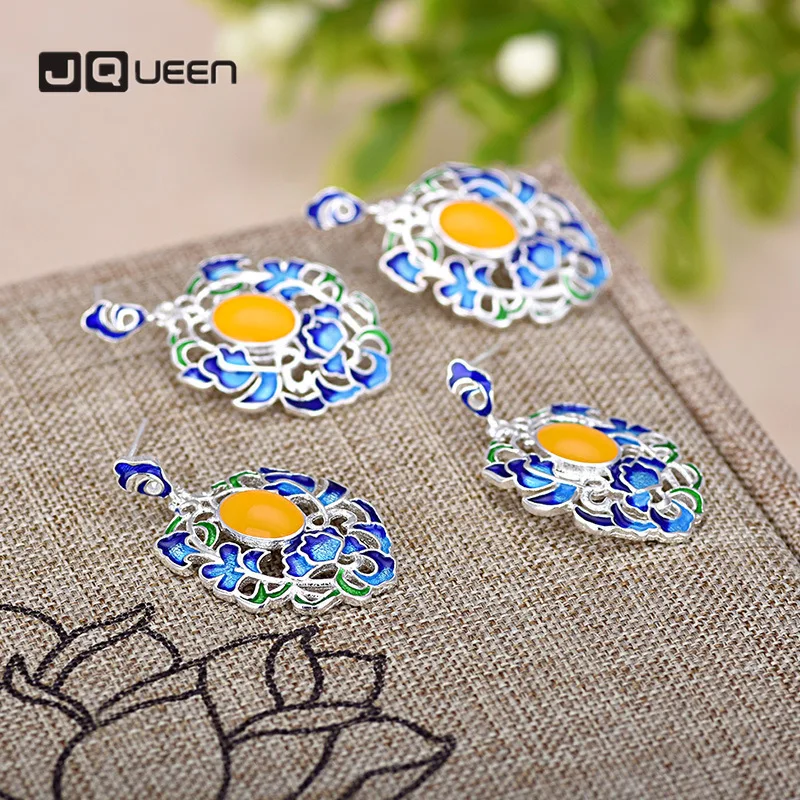 Модные серьги эмалированные синие в этническом стиле серебряные серьги-гвоздики