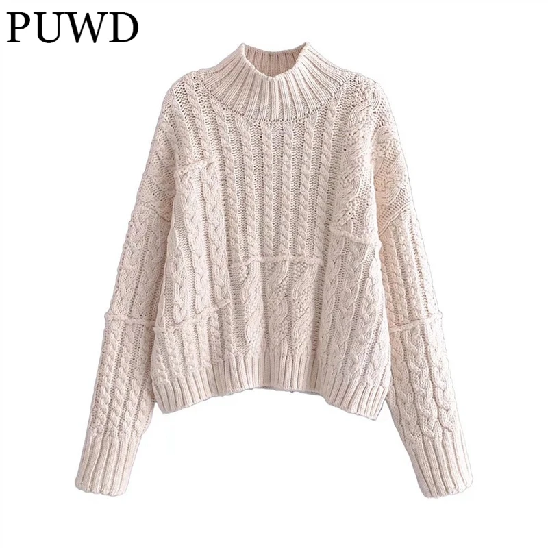 

PUWD Loose Women Knitted Pullover Beige Long Sleeve Ladies Turtleneck Sweater 2021 Autumn Fashion Casual Female Chic Knitwear