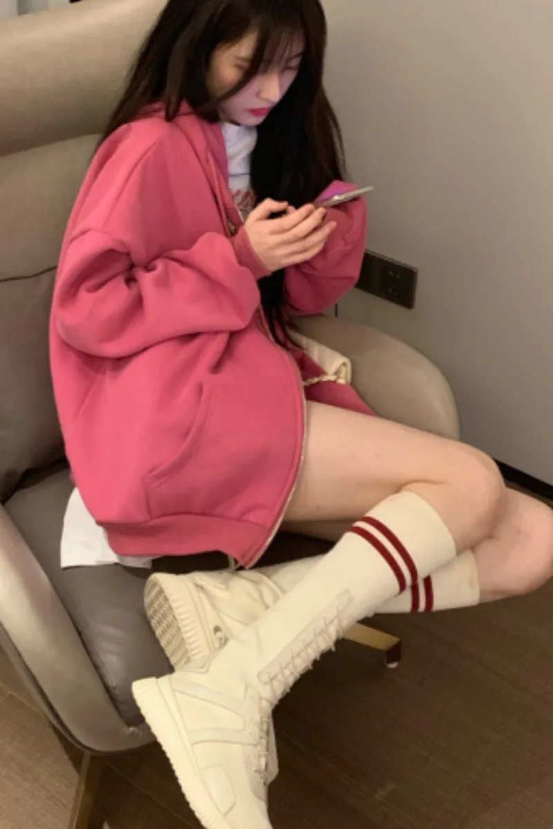 

Pink Sweatshirts for Women Korean Academy Girl Simple Lazy Loose Hooded Sweatshirt Jacket Zipper Cardigans Hoodies
