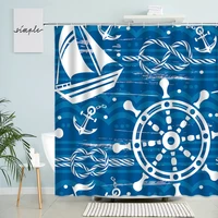 cartoon nautical theme shower curtain kids bathroom boat anchor ship ocean wave blue background kids bathroom polyester curtains