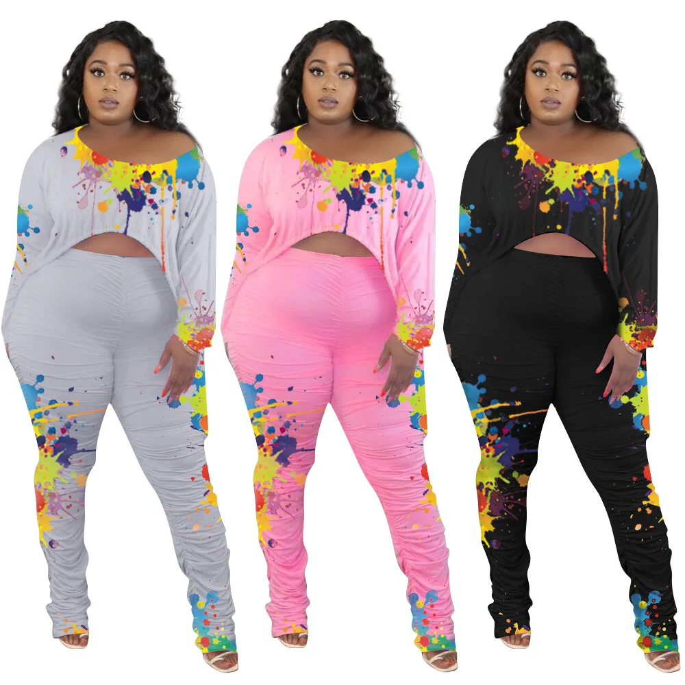 

Porpora 2021 2 Pieces Set Women Clothing Splash Ink Printing Irregular Street Fashion Casual Drawstring Autumn Winter Pants Set
