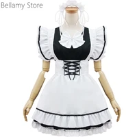 soft girl cosplay maids dress black and white bow with waistband