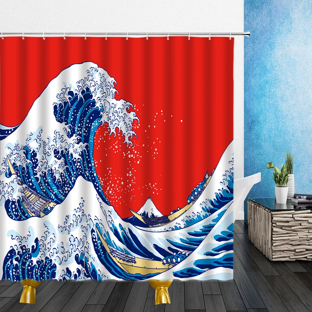 

Занавеска для душа Great Wave s с рисунком морских волн, водонепроницаемая тканевая занавеска С 3D-принтом Пейзажа для ванной комнаты, комплект дл...
