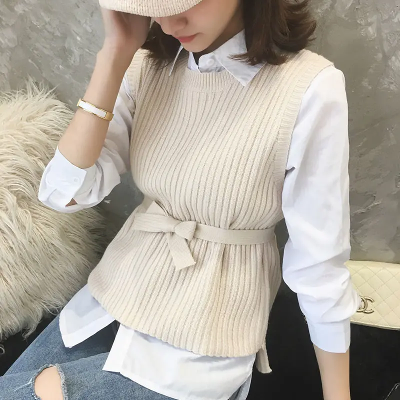 Жилет женский трикотажный без рукавов однотонный джемпер с поясом элегантная