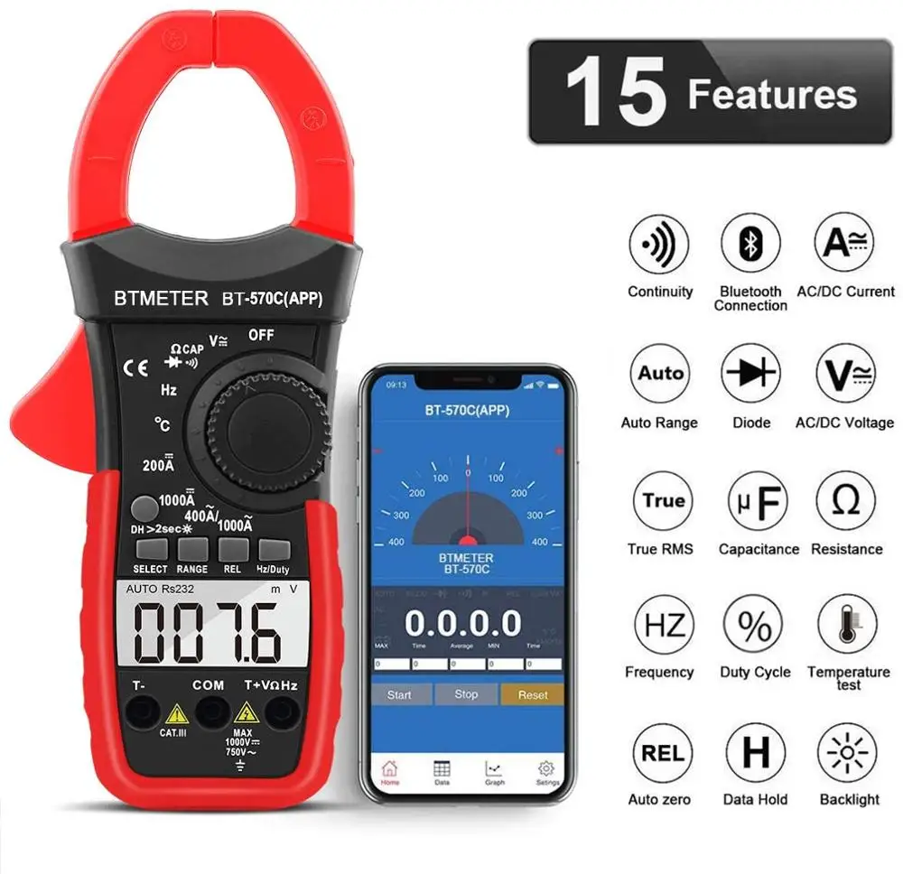 Цифровой мультиметр зажим 570C APP AC/DC амперметр с автоматическим диапазоном Bluetooth