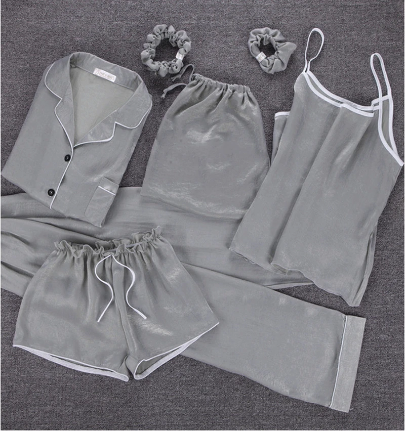 Gray Женские пижамы, 7 шт., женские комплекты ночного белья, Осень-зима, летние топы+ шорты+ рубашка+ штаны, модные сексуальные пижамы - Цвет: Gray