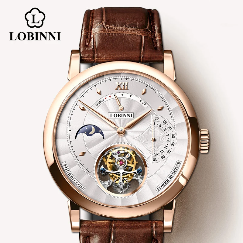 

LOBINNI erkek kol saati Switzerland Luxury Brand Automatic Mechanical Men's Wirstwatches Sapphire Leather Real Tourbillon Watch