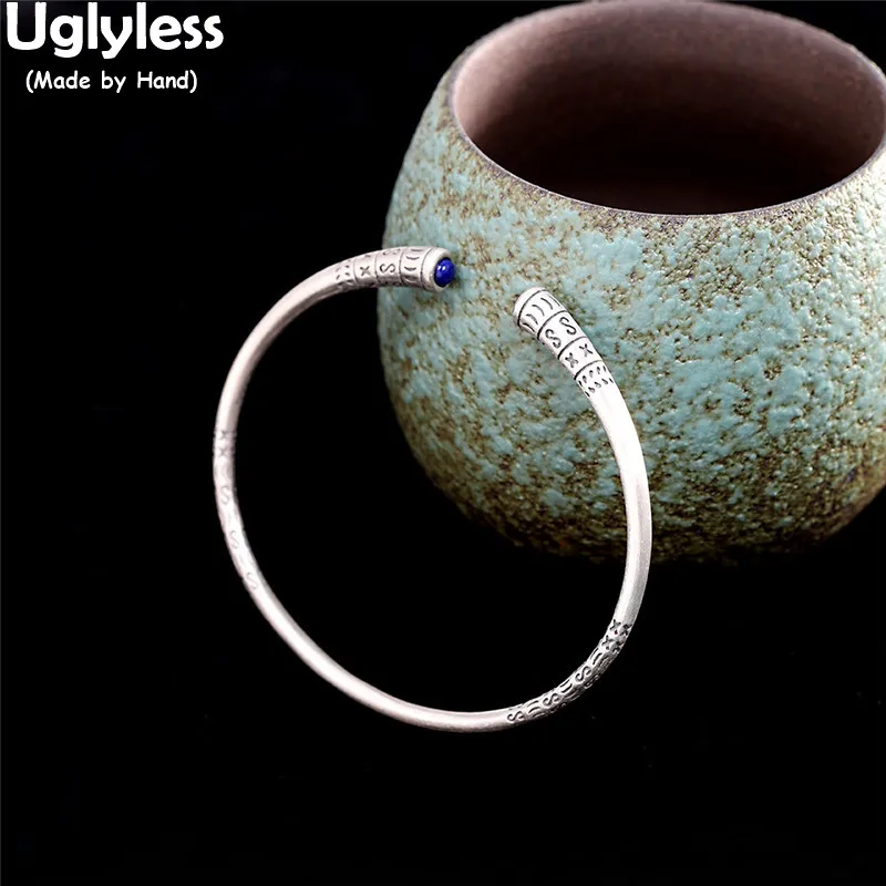 

Uglyless Totem Patterns Thai Silver Retro Bangles for Women Natural Gemstones Lapis Bangles Solid 925 Silver Vintage Jewelry