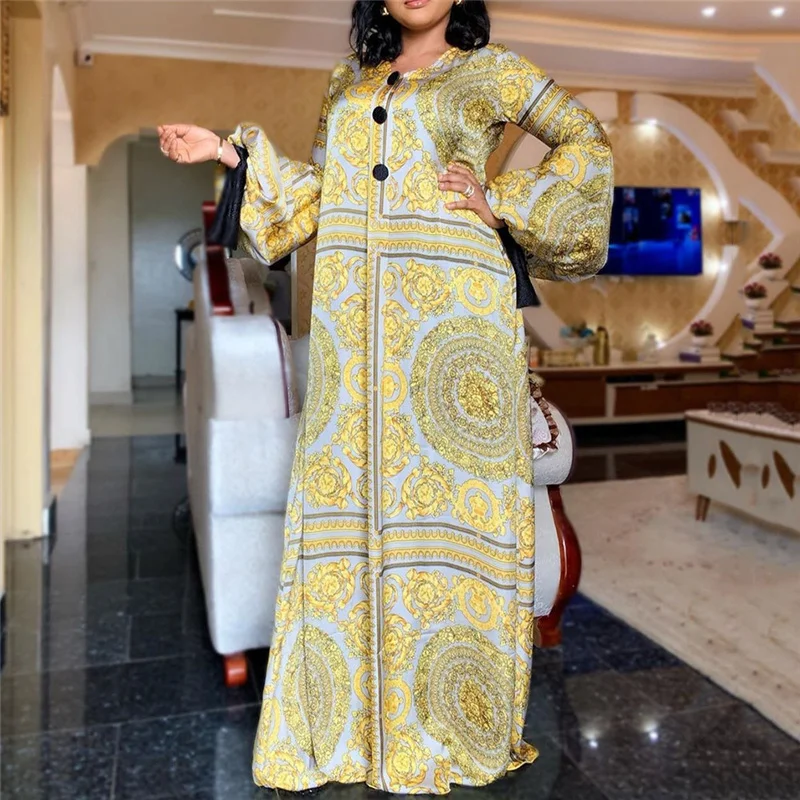 

Fall Long Sleeve Maxi Dress African Ladies Rich Bazin Golden Print Vintage Plus Size 3XL Floor Length Women Party Long Dress