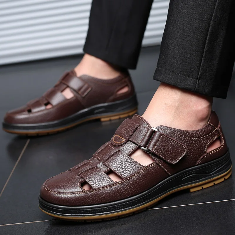 

Classic Sandals Men Genuine Leather sandaliasHollow Out Casual Shoes Comfortable Solid Outdoor Mens Shoes zapatos hombre