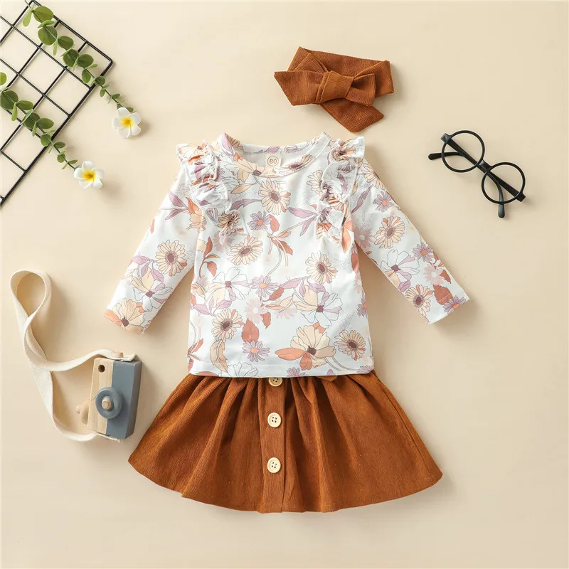 

Fashion Girls Clothes Set Floral O Neck Ruffle T-shirts Buttons Skirt Headband 3PCS Outfits Kids Clothing 6M-4Y