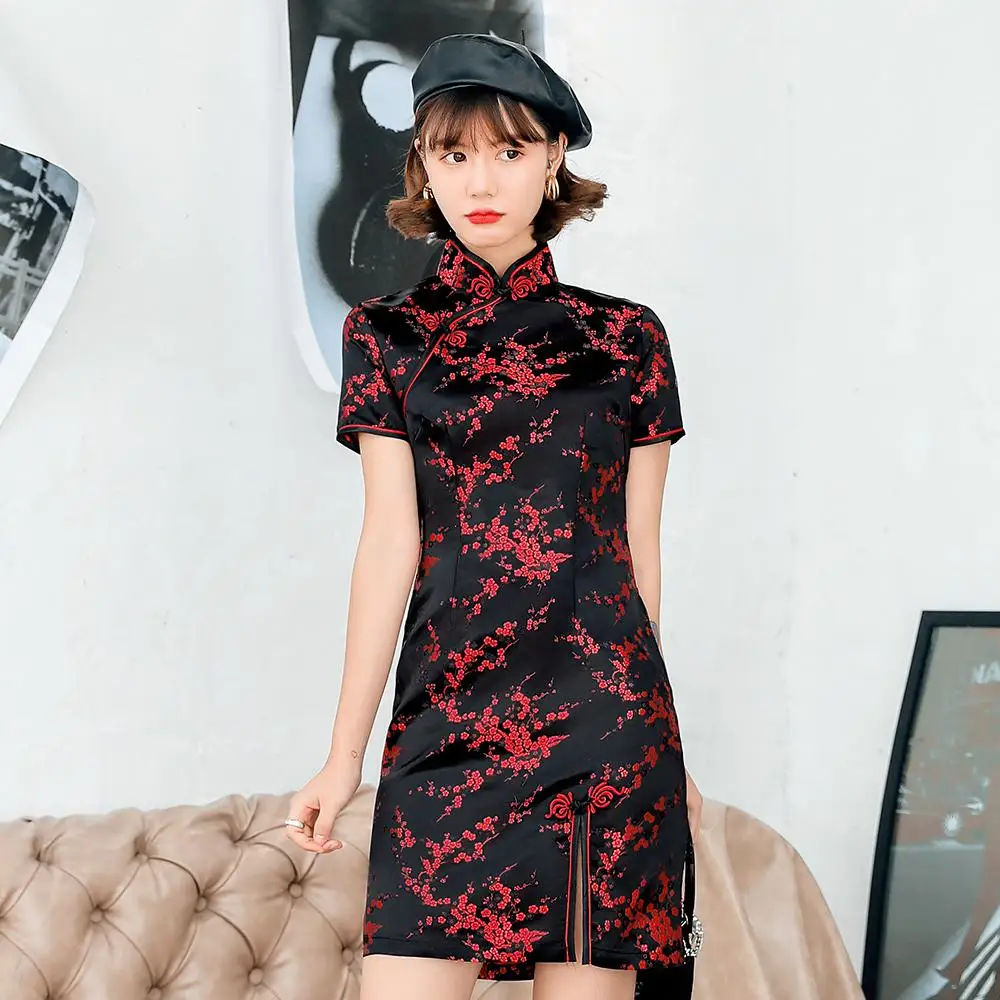 

Chinese Female Qipao Short Style Cheongsam Women Traditional Silky Satin Dress Formal Party Gown Vestidos Size S M L XL XXL 3XL