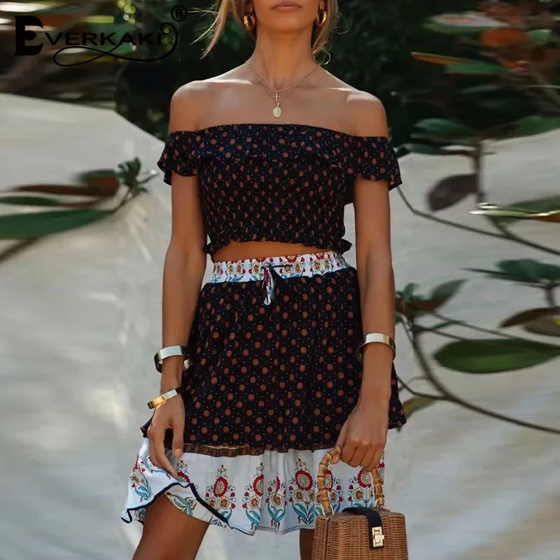Everkaki Boho 2 шт. костюмы наборы для женщин цветочный принт Лето с открытыми плечами