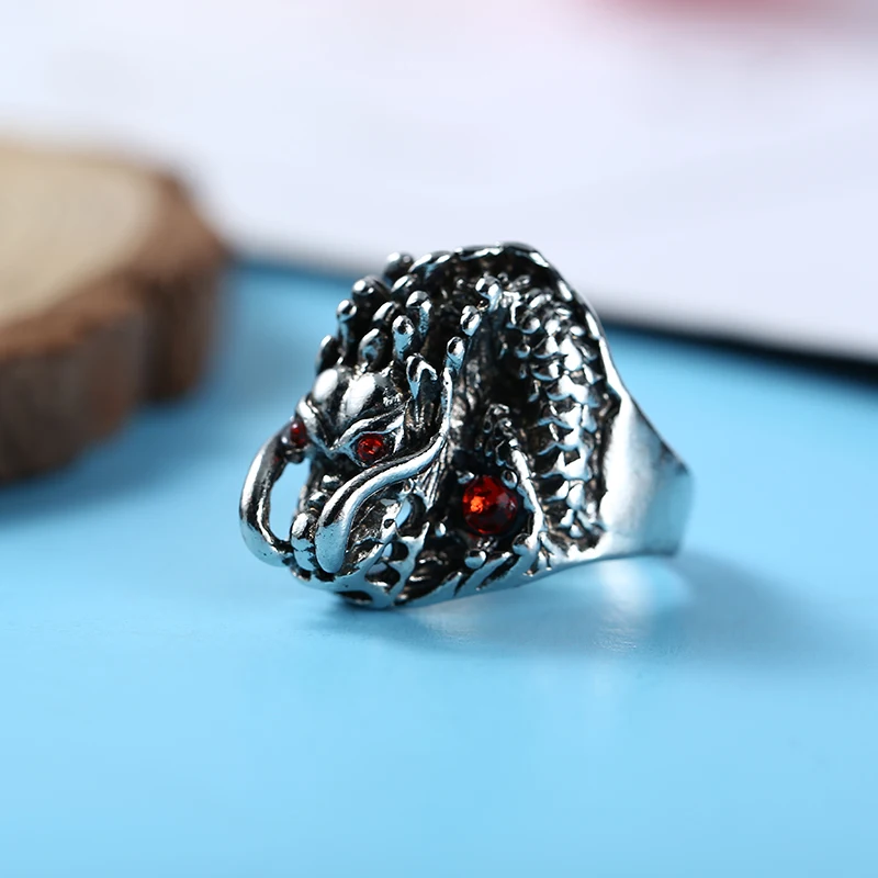 Готическое мужское кольцо в стиле панк античное с драконом хип хоп красные