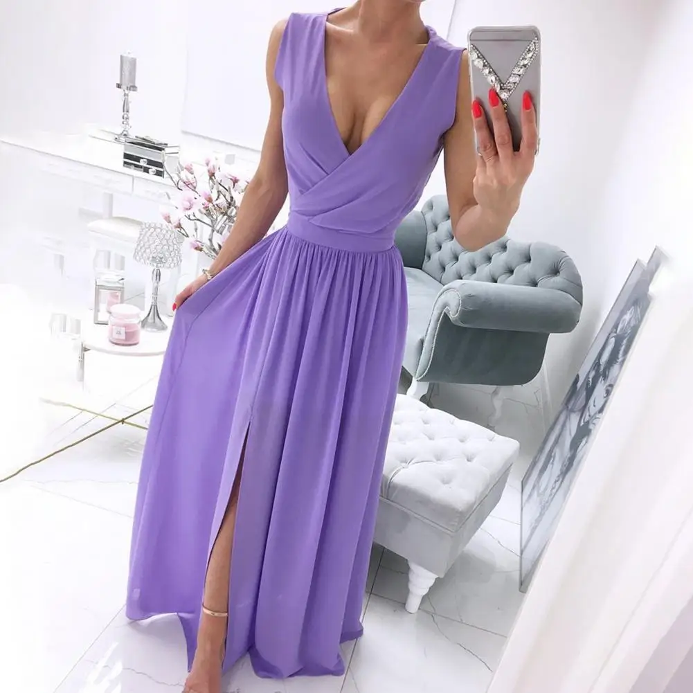 

Elegant Solid Color Long Dress Women Summer Sexy Deep V-Neck Sleeveless Dress Side Split Maxi Beach Dresses for Wedding Party