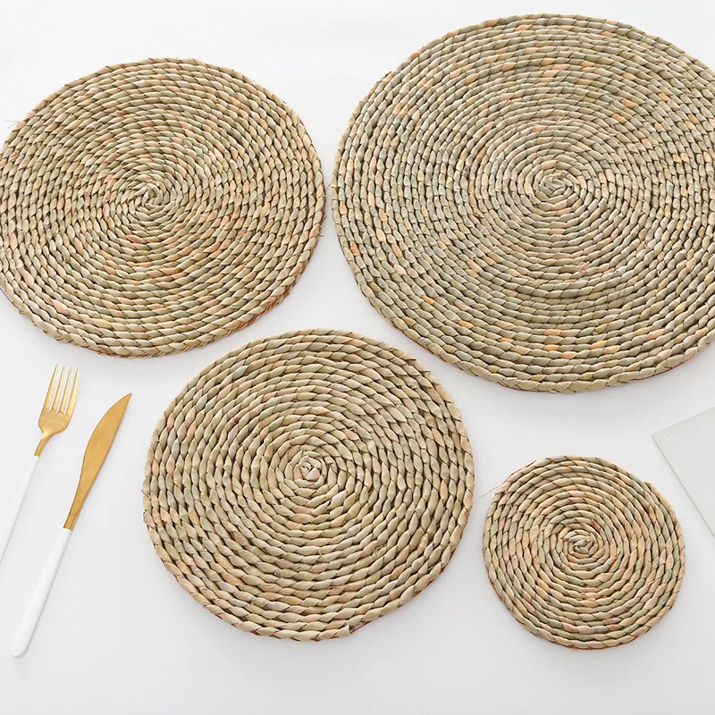 

2pcs 38/35/25cm Round Handmade Seagrass Placemats For Tableware Bowl Coasters Modern Rattan Woven Table Placemats Tableware Pad