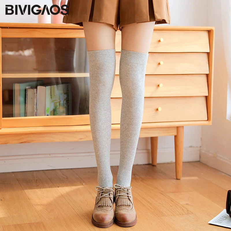 Light Grey BIVIGAOS гольфы женские носки до колена из чесаного хлопка однотонные Гольфы простые носки в японском стиле Весна-Осень-зима гольфы женские чулки теплые пояс для чулок длинные носки - Цвет: Light Grey