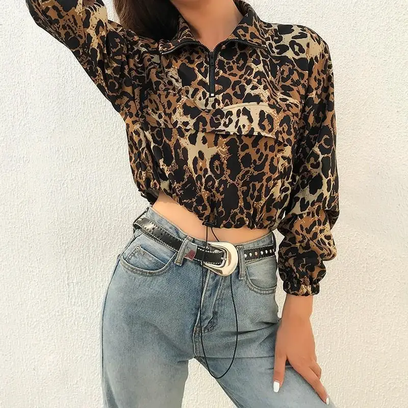 2019 Женский Осенний укороченный топ с животным принтом на молнии