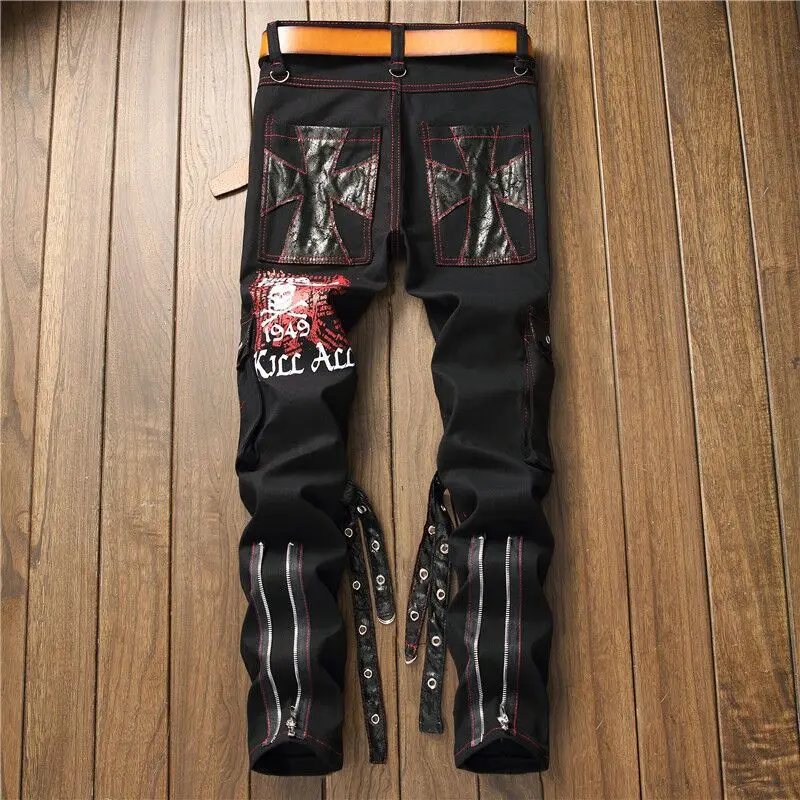 

Men's black print Slim Fit Straight Jeans Fashion punk jeans