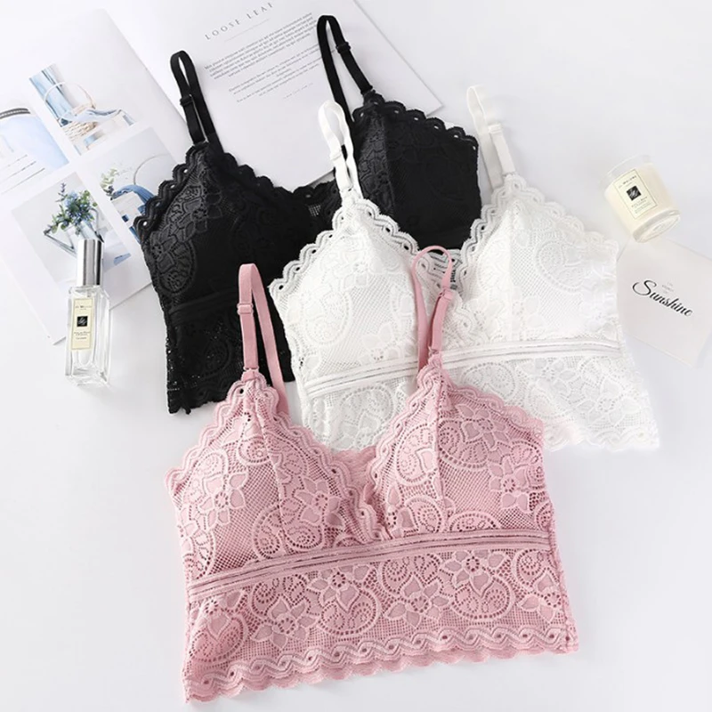 

1PCS Women Fashion Wireless Bra Padded Bralette Deep V Lace Bras Summer Crop Top Embroidery Floral Tank Top