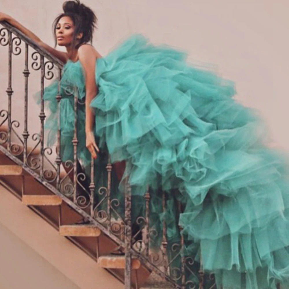 

Hot sale Strapless High Low Evening Party Dresses Chic Puffy Ruffle Formal Gown Layered Women Long Skirt Custom Made