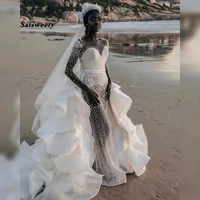 illusion mermaid wedding dress vintage arabic sheer neck full pearls bridal gownwith detachable train plus size custom made