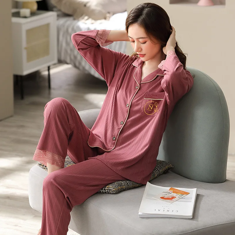 2021 New Long Sleeved Cotton Pajamas Women's Autumn Winter Strip Cardigan Home Clothes Suit Leisure Lady Sleepwear Nightwear