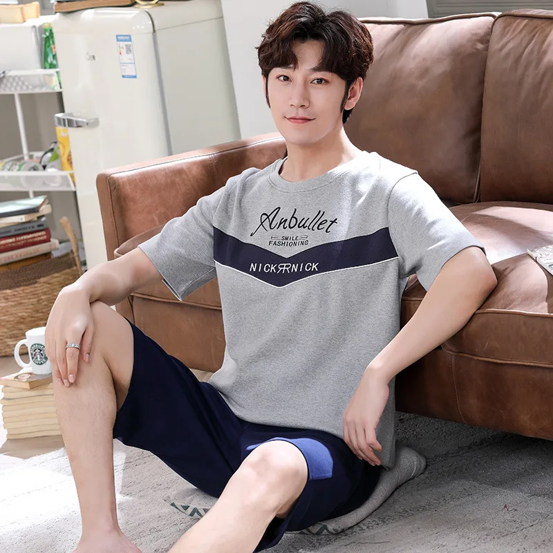 

Men Pajamas Pure Cotton Short Sleeve Shorts Striped Plaid Tracksuit Thin Summer Casual Loose-Fit Men'S Large Size Set
