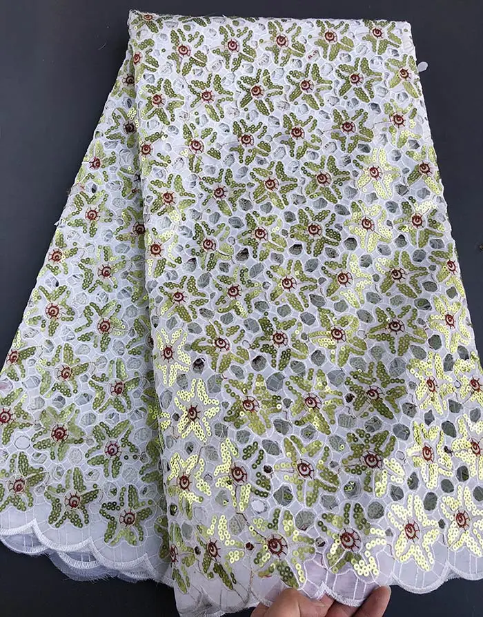 white green 5 ярдов блестящая ажурная органза, кружево красивая африканская швейная ткань с блестками нигерийская Гана одежда - Цвет: white green