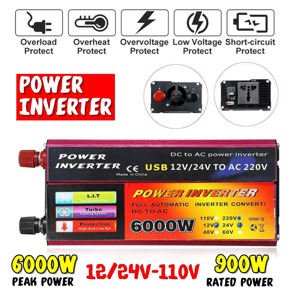

Инвертор 12V 220V пик Мощность 6000W Напряжение преобразователь постоянного тока 12/24V дo AC 110/220V авто инверсор для автомобиля грузовика