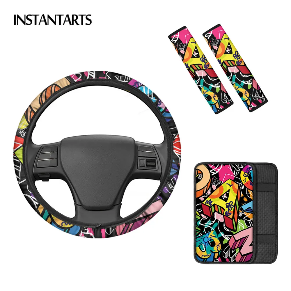 

INSTANTARTS Personalized Graffiti Text Prints Washable Steering Wheel Protection Non-skid Car Center Pad Seatbelt Shoulder Pad