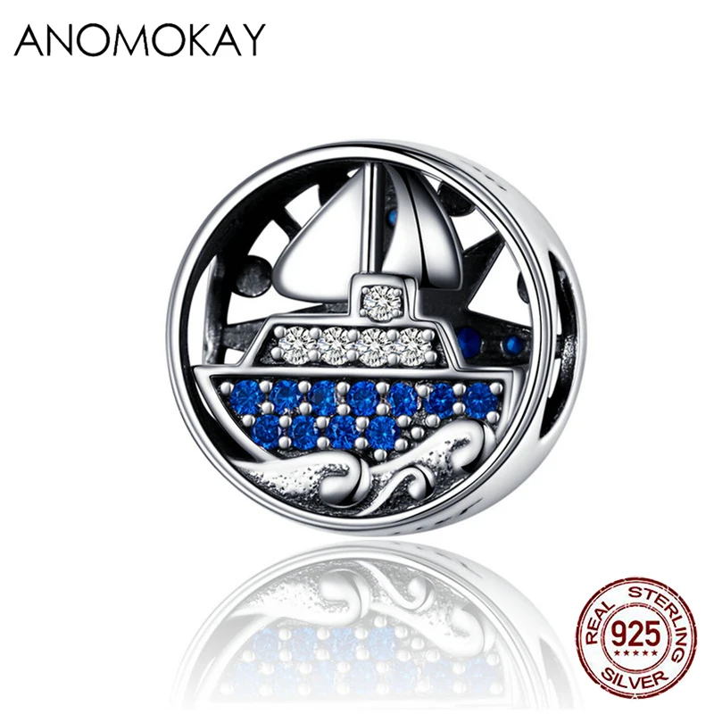 

Anomokay Dark Blue Zirconia Compass Round Bead fit Bracelet Bangle 925 Sterling Silver Ship Charm for DIY Jewelry Making