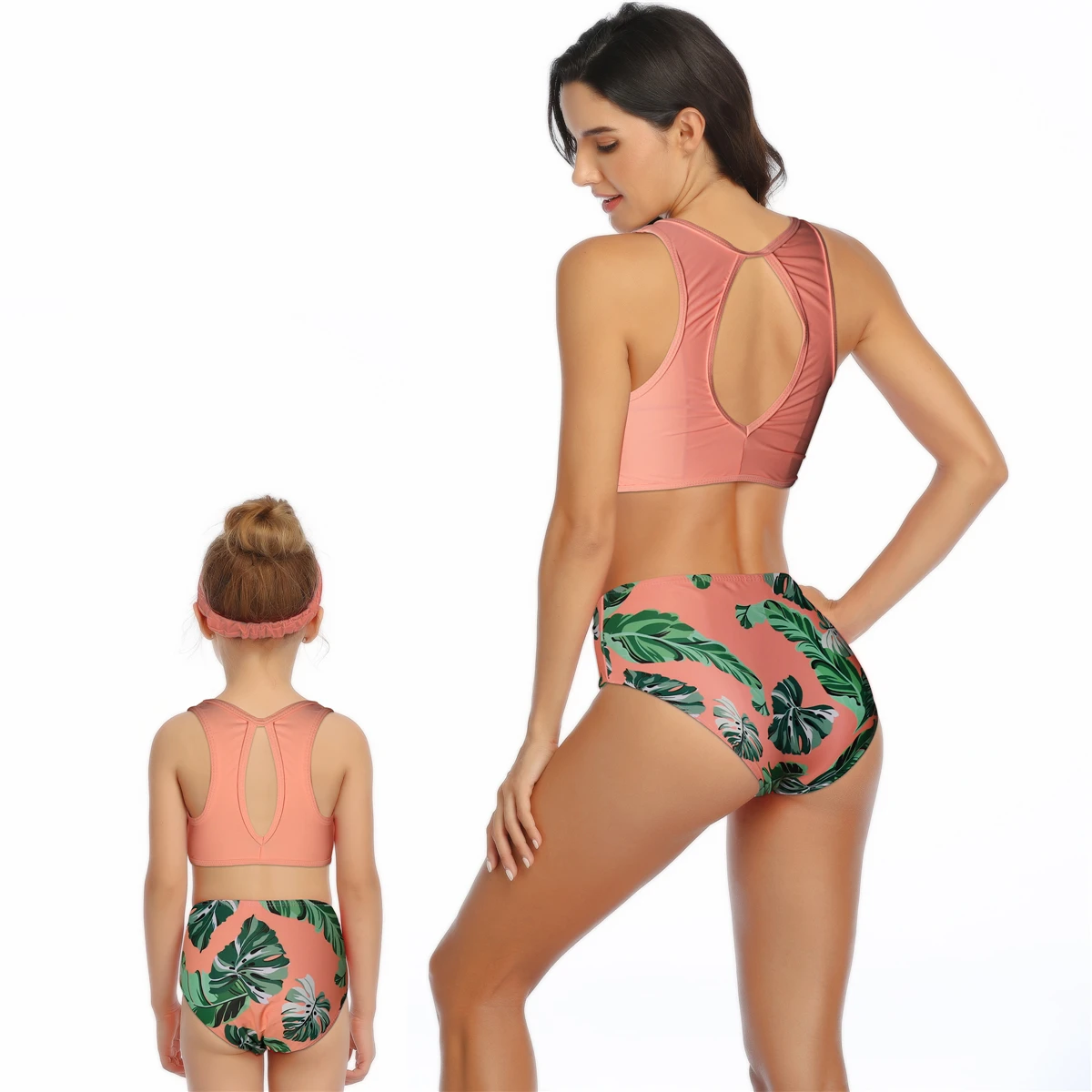 

Althetic Girls Swimsuit Bikini Back Hollow Out Crop Top Print Bottom High Waist Sporty Swimwear Mommy and Me Family Matching Set