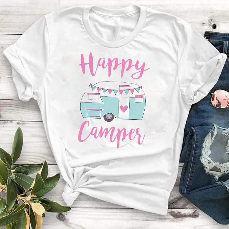 

Women Lady T Shirt Happy Camper Printed Tshirt Ladies Short Sleeve Loose Tee Shirt Women Female Tops Clothes Graphic T-shirt