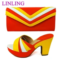 new arrival elegant style italian design luxury orange color crystal fashion and noble ladies shoes and bag set for party