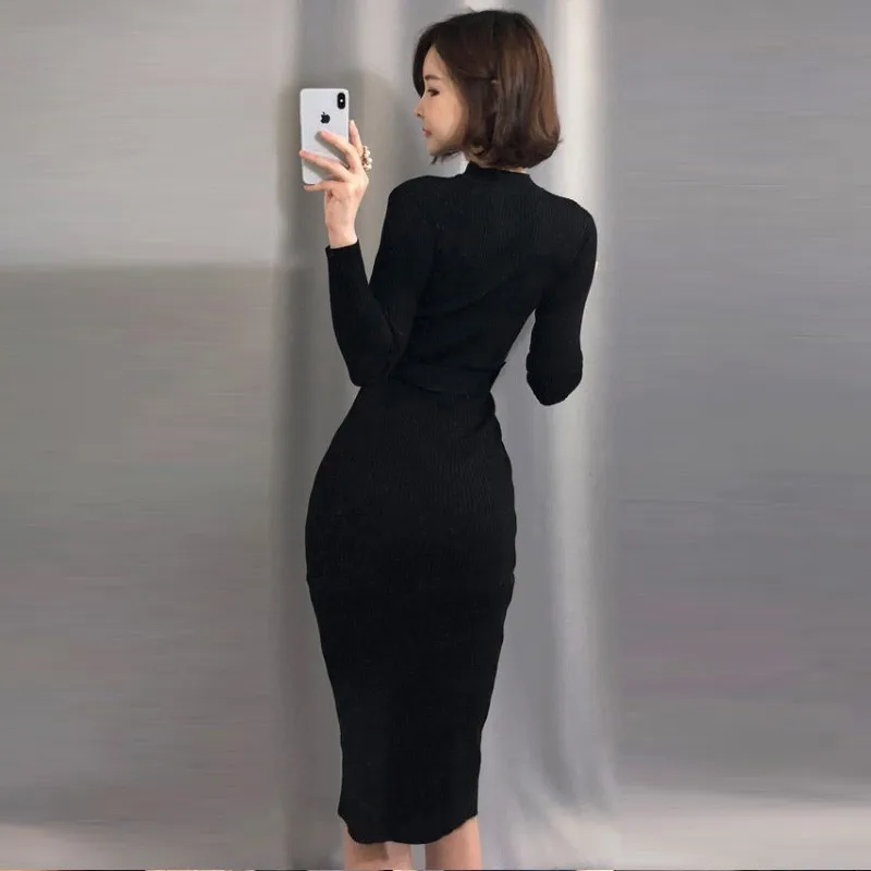 Женское трикотажное платье карандаш на пуговицах с длинным рукавом|Женские