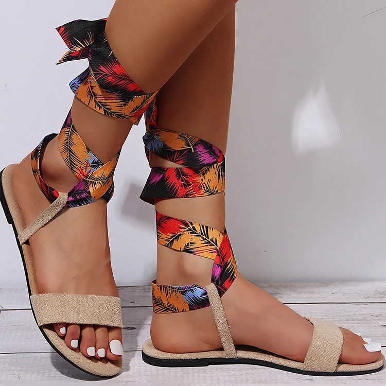 

Women Gladiator Ankle Wrap Sandals Ladies Print Rome Flat Female Summer Beach Casual Shoes Women's Comfort Footwear Plus Size