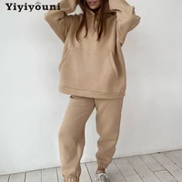 yiyiyouni thickened fleece hooded sweatshirt and pants two pieces set women autumn winter casual solid sweatpants female outfits