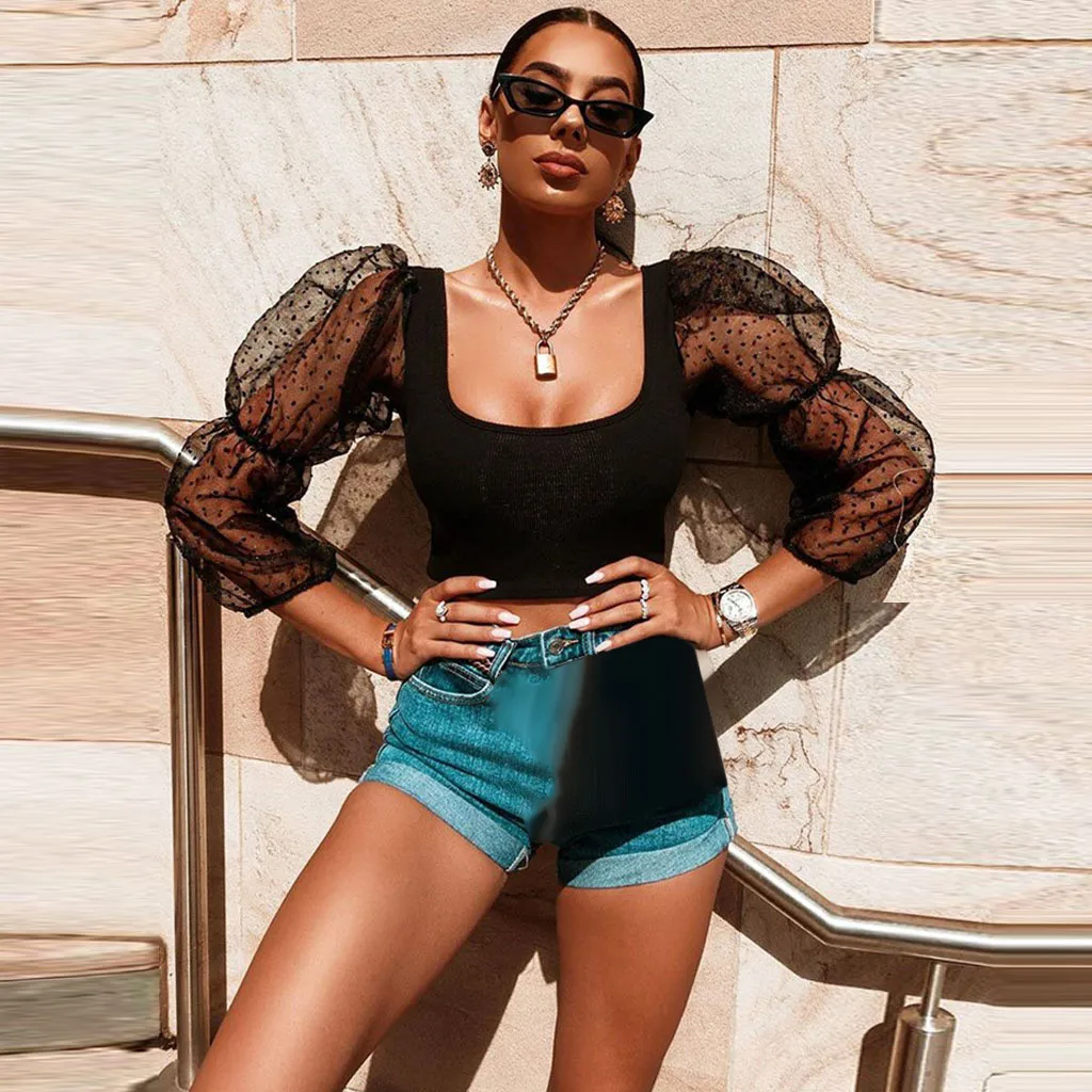 Женская прозрачная сетчатая блузка для девочек с длинными рукавами-фонариками в