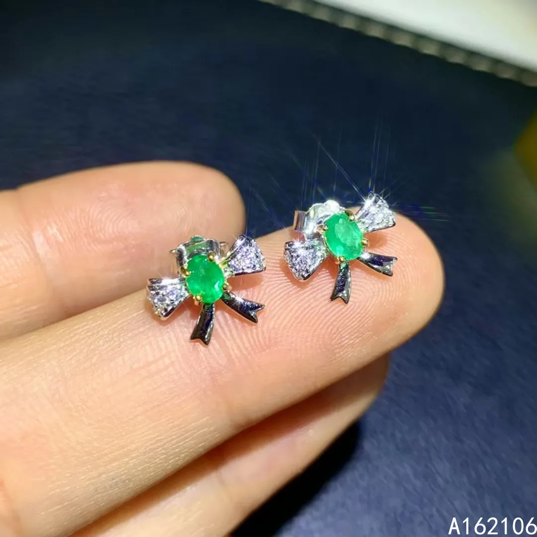 Fine Jewelry 925 Pure Silver Chinese Style Natural Emerald Girl Luxury Vintage Fresh Bowknot Gem Earrings Ear Stud Support Detec