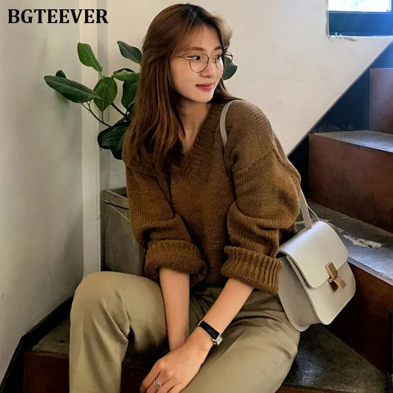 2020 New Autumn V-neck Knitted Female Pullover Casual Tops Split Sleeve Women Sweater Loose Warm Jumpers Outerwear | Женская одежда